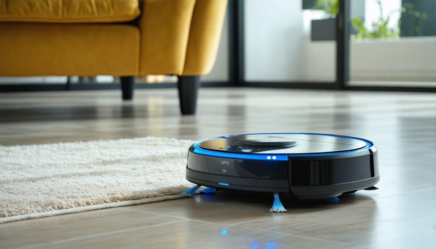 Robot vacuum cleaner working alongside air purifier in modern home setting