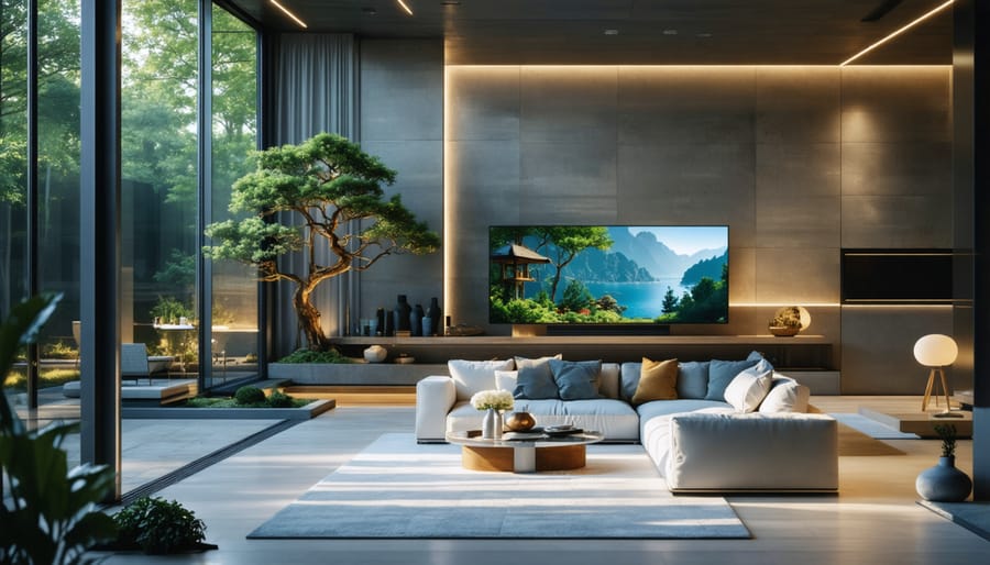 Living room with smart lighting, automated blinds, and visible smart thermostat at sunset