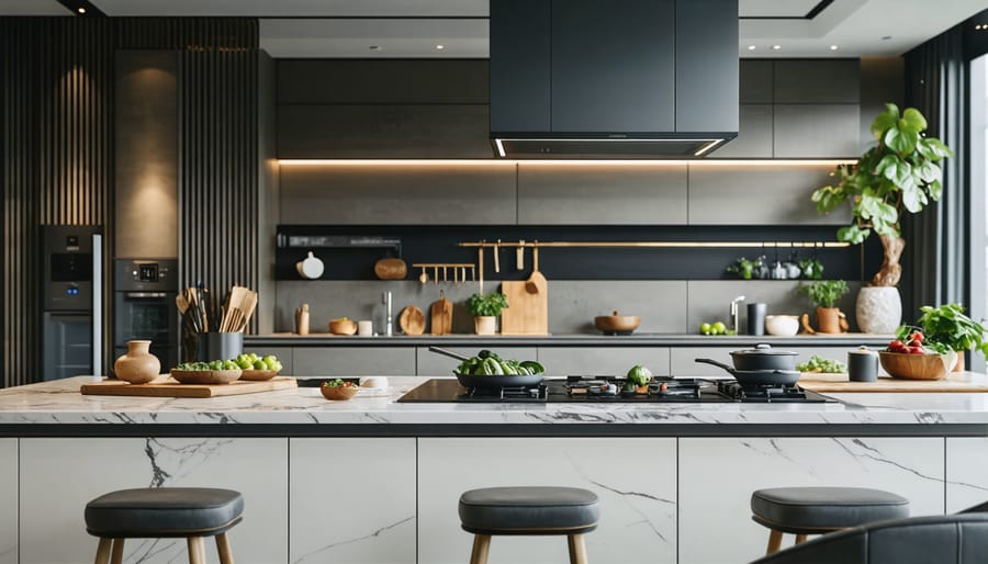 Modern kitchen interior with smart appliances including connected refrigerator, coffee maker and oven