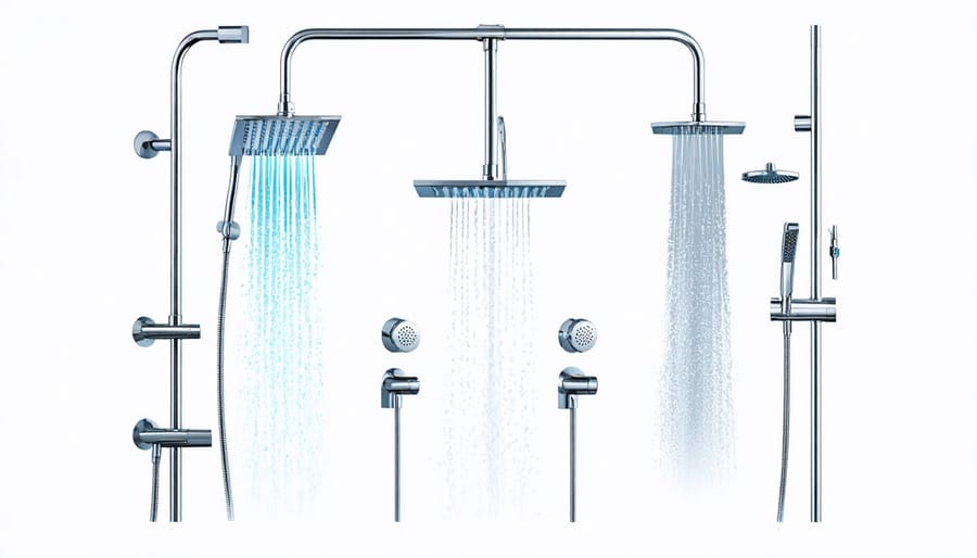 Technical diagram showing the individual parts of a triple shower head system including diverter, mounting brackets, and water lines