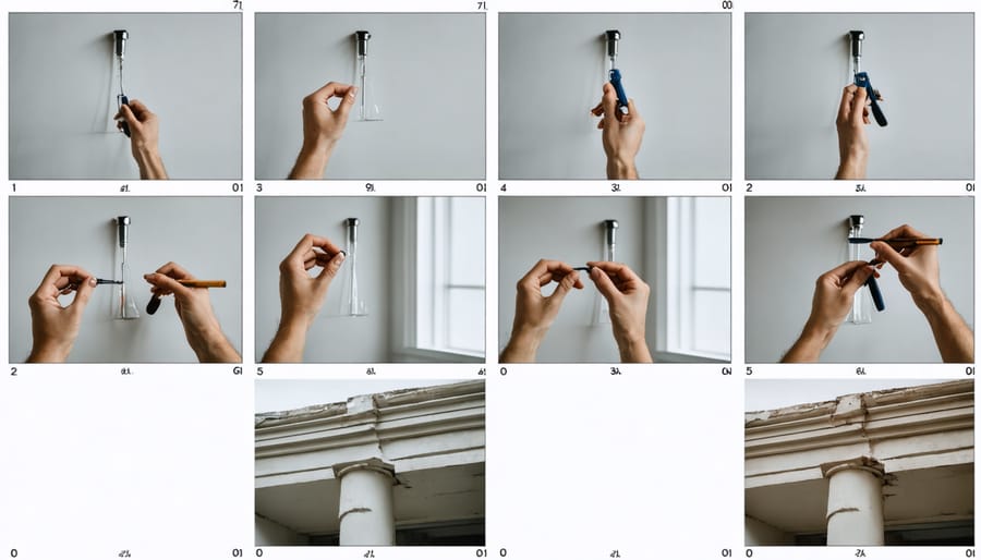 Series of four images showing key steps in installing a triple shower head system