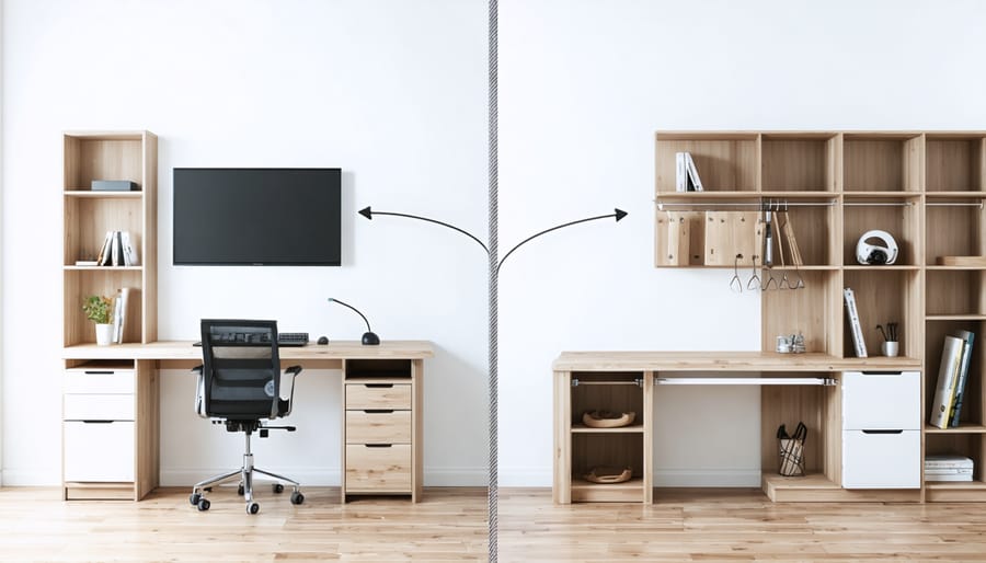 An illustrative image showing a height-adjustable desk and a smooth-gliding pantry shelf, both powered by a lead screw, representing the transformation of rotational motion into precise linear movement.