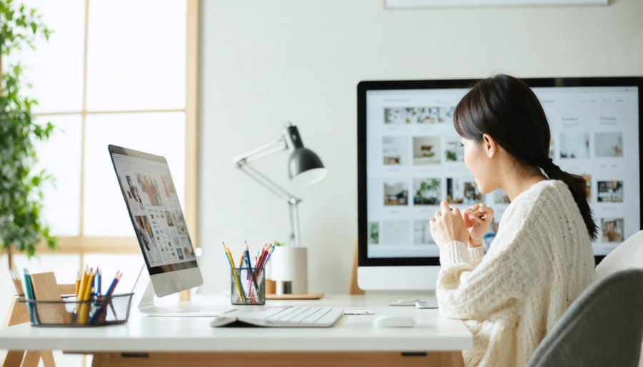 Parent working in home office with child visible in separate living space
