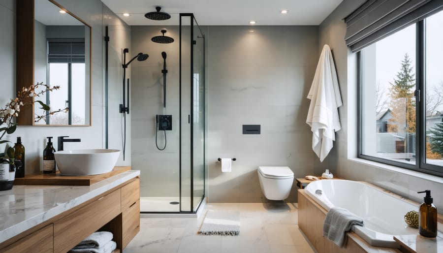 Frameless neo-angle corner walk-in shower with rainfall head and bench in an 8x8 bathroom, with the toilet on the same wall and a floating wood vanity opposite, lit by soft natural daylight and warm LEDs.