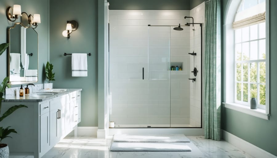 Modern 8x8 bathroom layout with corner glass shower enclosure and contemporary fixtures
