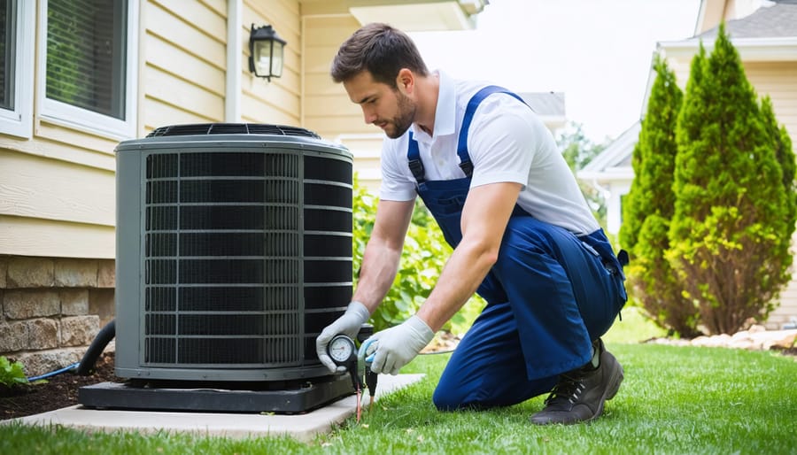 HVAC technician in uniform checking gauges and inspecting coils on a residential outdoor AC condenser, photographed at eye level on a spring day with a suburban home subtly blurred in the background