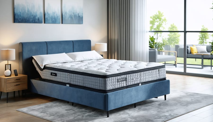 Steel‑reinforced adjustable bed with visible dual motors and cross‑braced base, head and knee sections elevated, in a softly lit modern bedroom with a nightstand remote and discreet grab bar in the background.