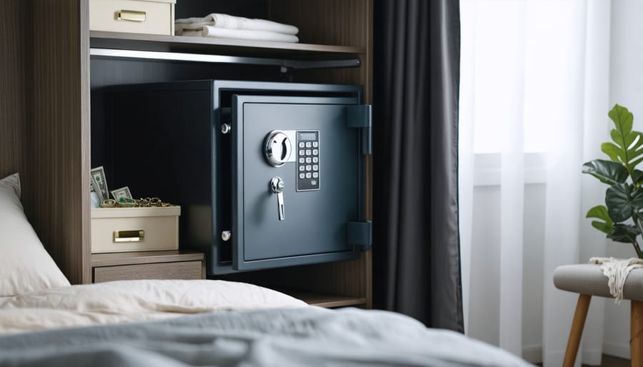 Open B-rated home safe in a modern bedroom closet, viewed at eye level, with organized documents, a small jewelry tray, and cash inside; soft natural light with blurred closet shelves, bed, and plant in the background.