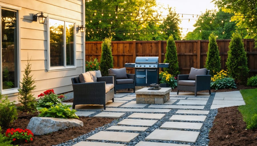 Modern backyard with small stone patio, outdoor seating, gravel path, mulched garden beds, shrubs and perennials, and a simple grill island at golden hour, with a modest house and wooden fence in the background.