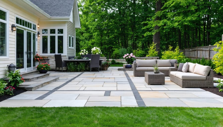 Modern backyard patio with stone pavers, outdoor furniture, and landscaped garden borders