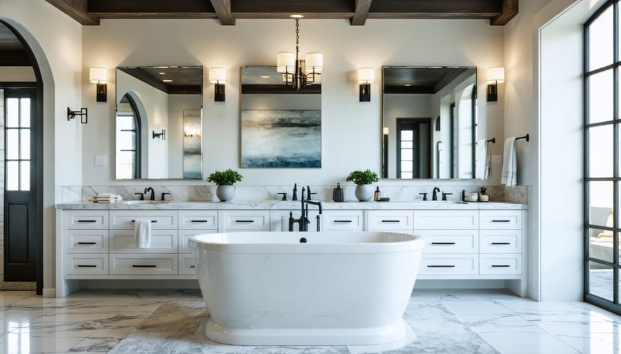 Overhead view of bathroom remodel planning materials including tile samples, fixtures, and budget paperwork