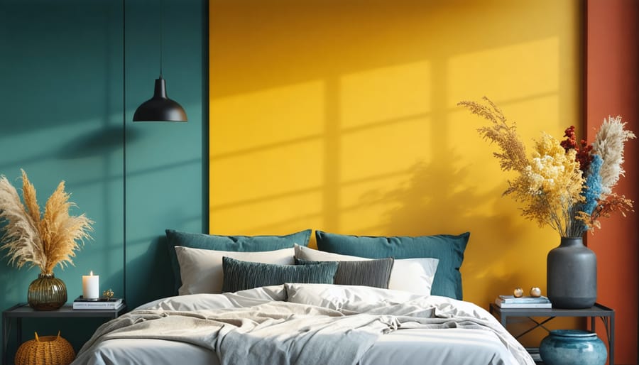 Modern bedroom with dark gray accent wall behind bed contrasting with light pink surrounding walls