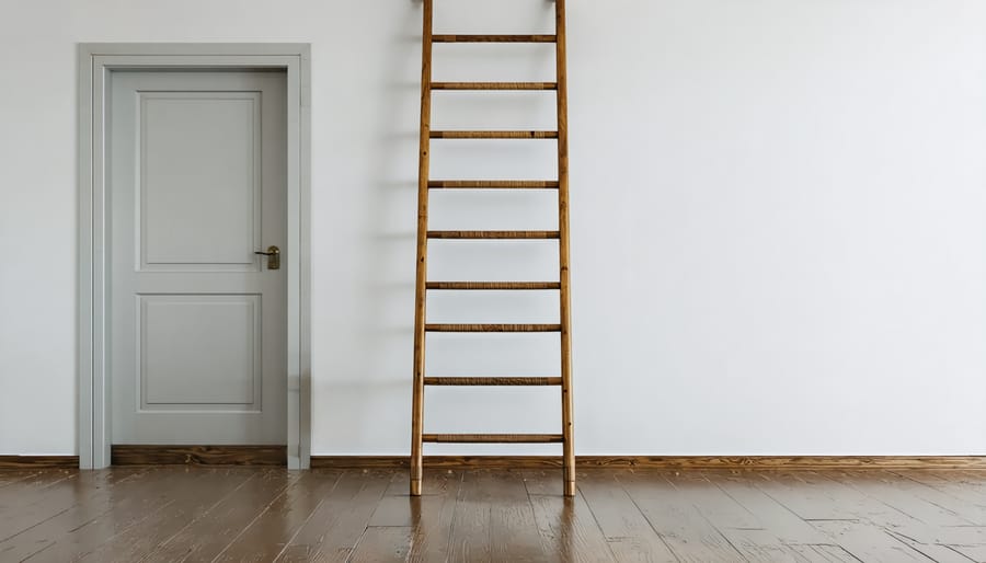 Emergency escape ladder mounted under bedroom window with view to backyard