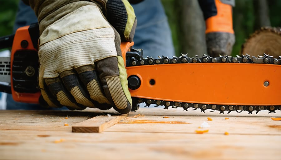 Gloved hand pulling a chainsaw chain slightly away from the bar to check tension, with a woodpile, red fuel can, and air filter blurred on a workbench behind.
