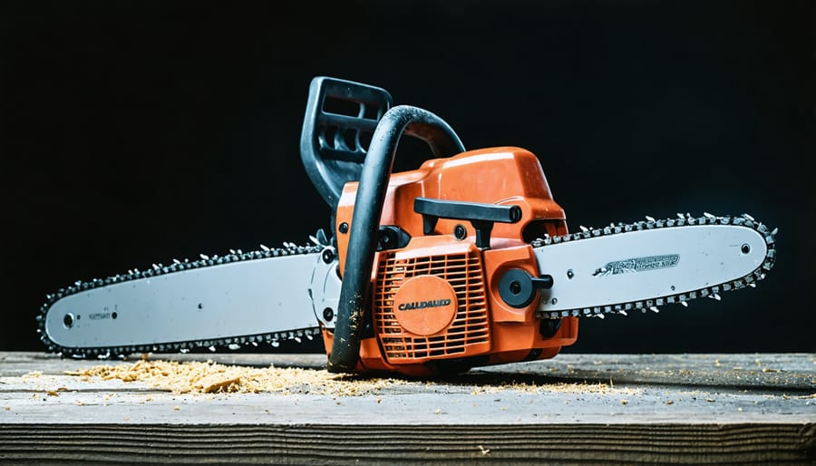 Overhead view of chainsaw with maintenance tools and supplies on workbench