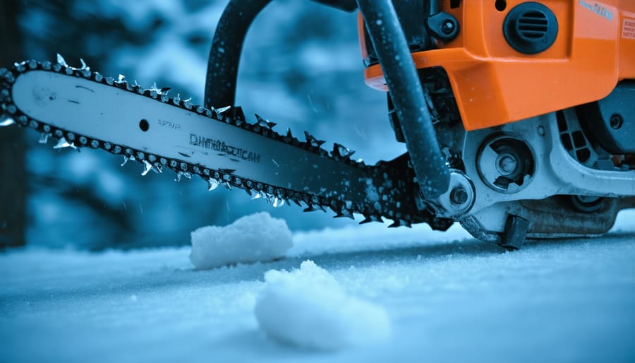 Detailed view of round file sharpening chainsaw chain teeth