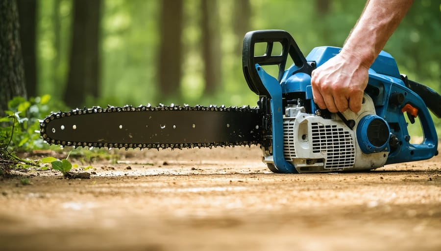 Close-up of hands adjusting chain tension on chainsaw bar