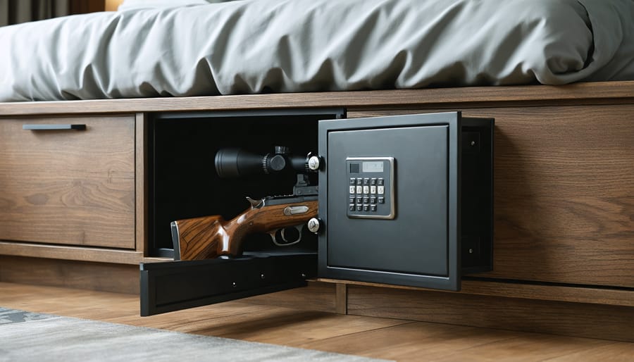 Low-profile three-gun safe with biometric keypad mounted under a bed, door slightly open to show locking bolts, in a small modern bedroom with blurred nightstand and lamp.