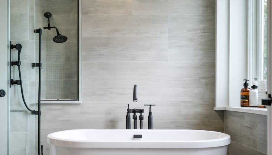 Modern renovated 7x7 bathroom with white tile, gray vanity, and contemporary fixtures