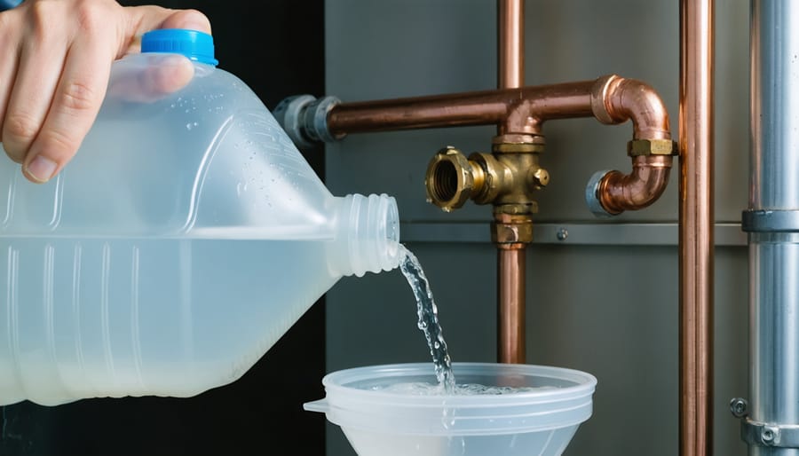 Technician’s hand pours clear distilled water from an unlabeled jug through a small funnel into a residential HVAC fill valve, with copper pipes and clean condenser coils in soft, bright lighting.
