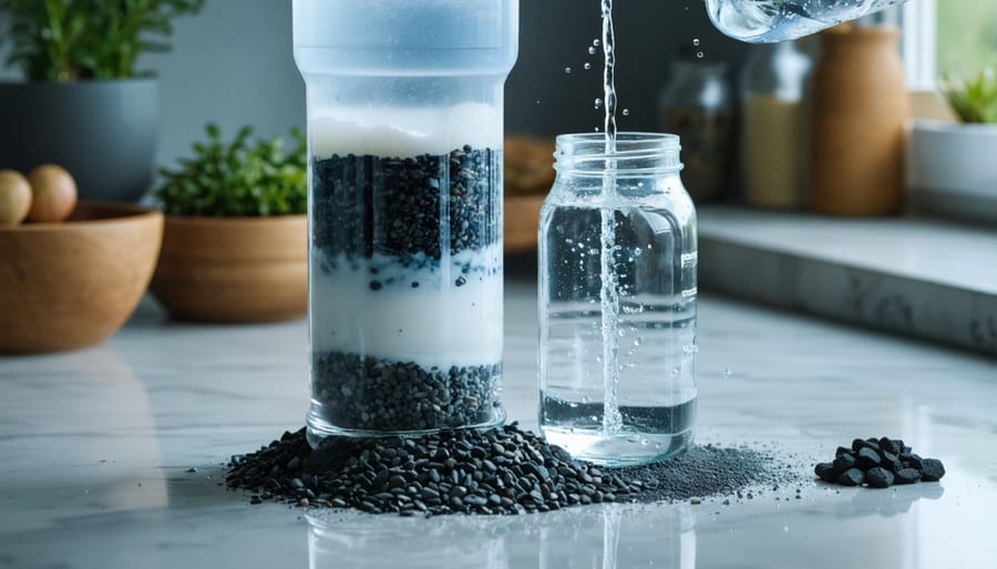 Close-up of an inverted plastic-bottle water filter layered with gravel, sand, and activated charcoal, cloudy water being poured in, and filtered water collecting in a glass jar on a kitchen counter, with bowls of materials blurred in the background.