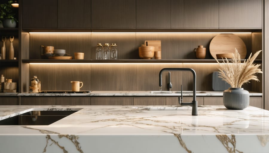 Close-up of hands installing modern cabinet hardware on bathroom vanity