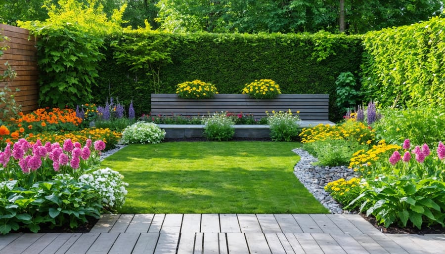 Homeowner planting colorful flowers in mulched garden bed as DIY landscaping project