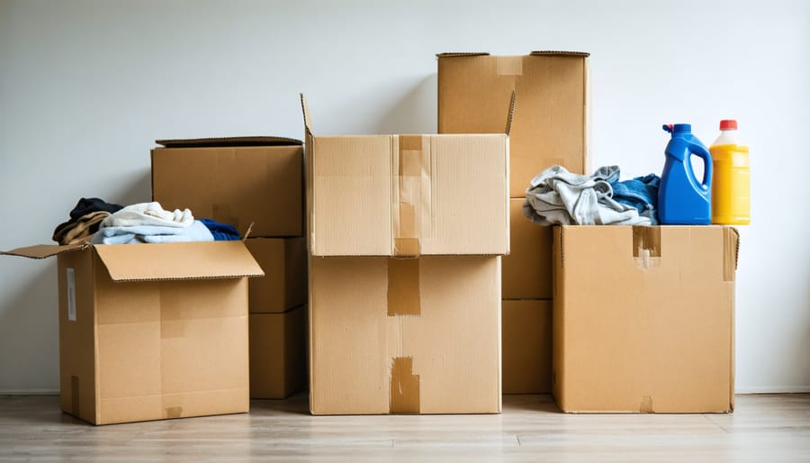Donation boxes filled with household items and clothing ready for removal