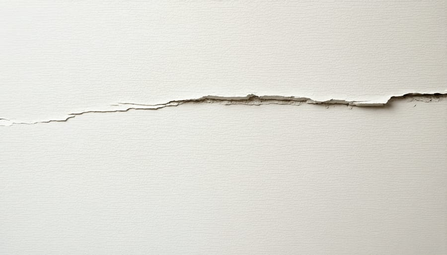 Small hairline crack in white drywall at wall and ceiling corner junction