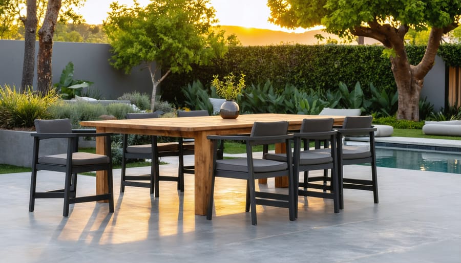 High-quality teak table with welded matte-black aluminum chairs and thick outdoor cushions on a sunlit patio, with a blurred rusted chair in the background.