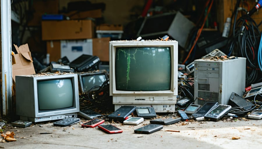 Dusty pile of outdated electronics—cracked CRT monitor, desktop tower, old phones, and corroded batteries—on a concrete garage floor with soft daylight from an open door and blurred shelves in the background.