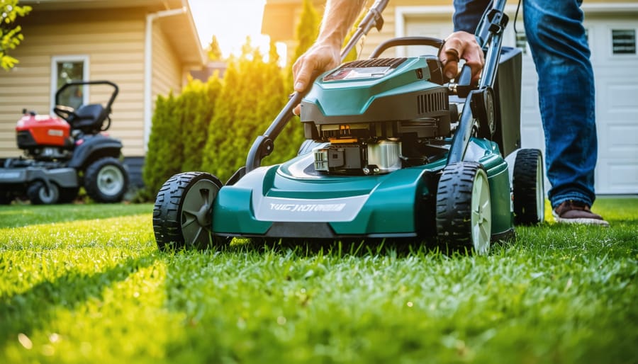 Hands inserting a battery into a cordless lawn mower on a green suburban yard at sunset, with a blurred red gas can, oil bottle, and worn gas mower near a garage in the background.