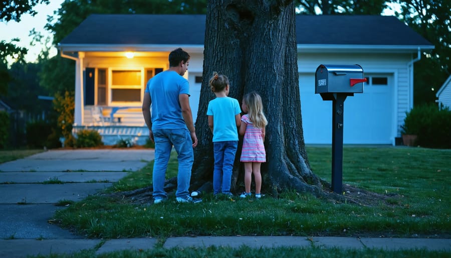 Family of four by a mailbox under a tree at night, holding a flashlight and practicing a home escape plan, with their warmly lit suburban house softly blurred in the background and an open window with a rope ladder visible.