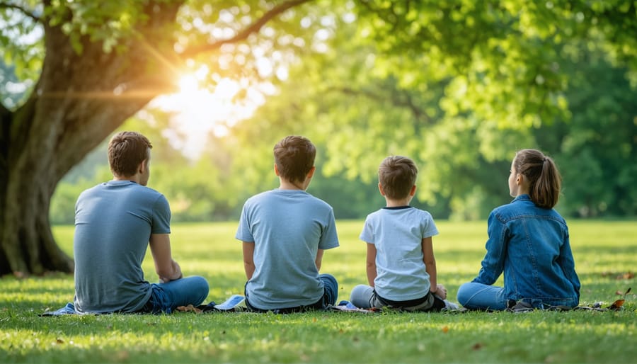 Family of four standing together at designated outdoor meeting spot in front yard