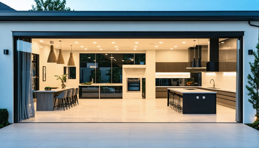 Converted garage space with open glass doors creating indoor-outdoor entertaining area
