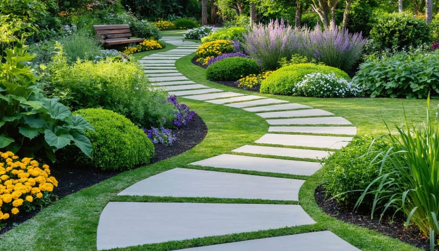 Curved gravel garden pathway bordered by perennial flowers leading to wooden arbor