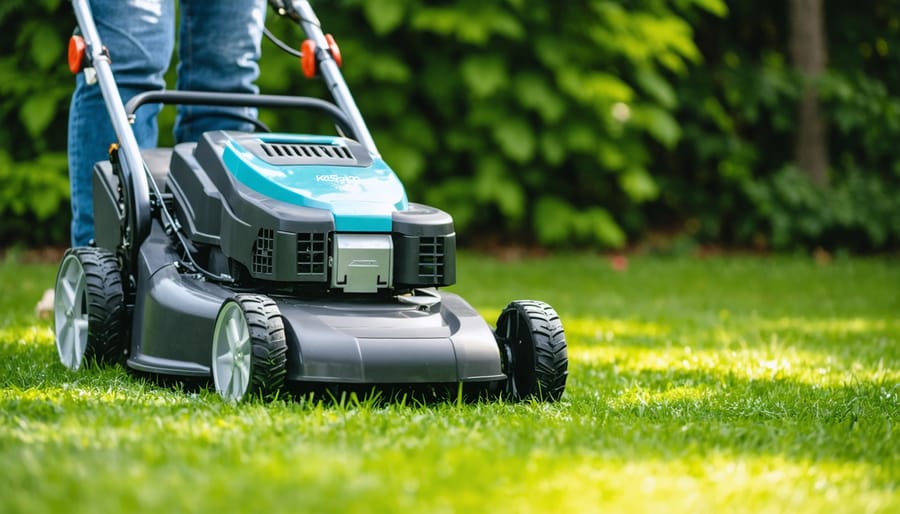 Gas-powered and battery-powered electric lawn mowers side by side on residential lawn
