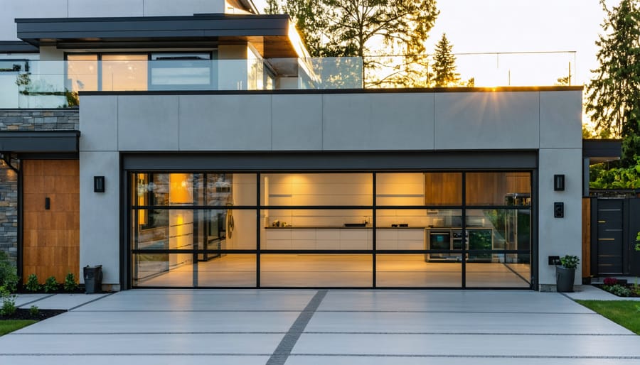 Contemporary house exterior with a full-view aluminum-framed glass garage door partially open at golden hour, sunlight illuminating a neat workshop or home gym inside, with minimalist landscaping and driveway visible.