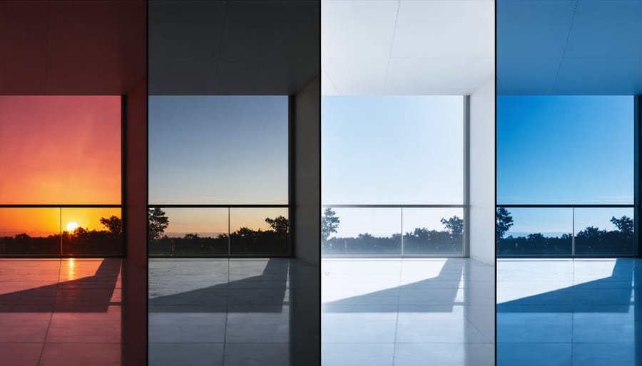 Comparison of clear, frosted, and tinted glass panel samples for garage doors