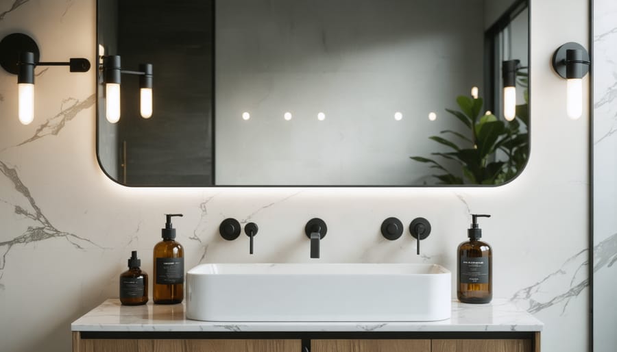 Modern bathroom vanity with vessel sink, circular mirror, and contemporary pendant lighting