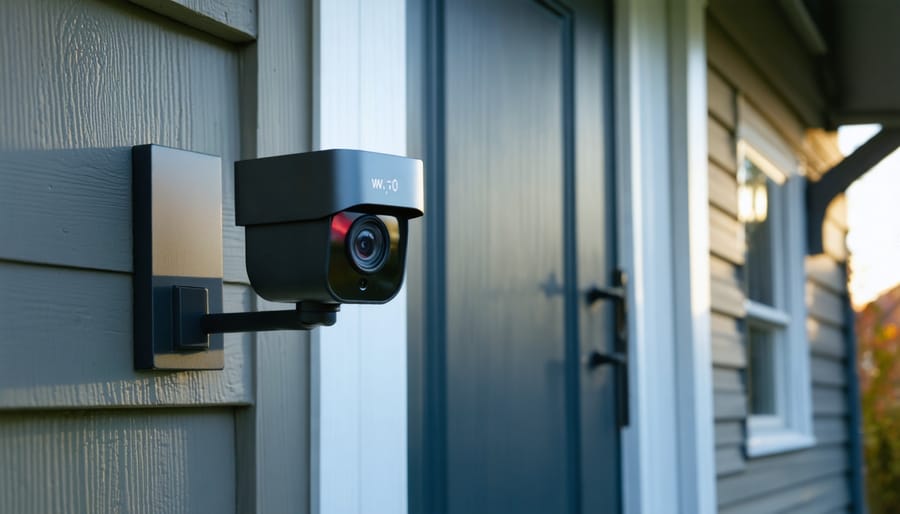 Close-up of a modern outdoor Wi‑Fi security camera on a house exterior at dusk with a small red status light, blurred front door and quiet street in the background, conveying cybersecurity and privacy concerns.