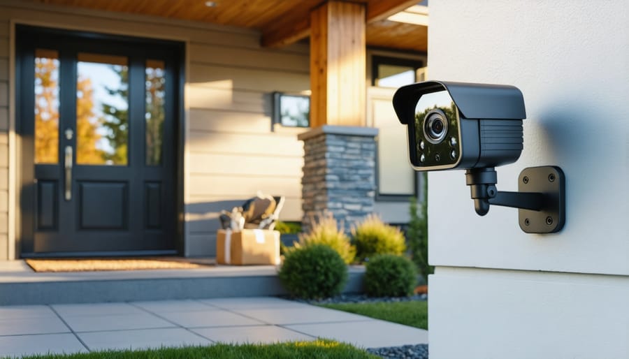 Close-up of an outdoor security camera under a roof eave facing a front porch with a package, in warm evening light, with the door, walkway, and shrubs softly blurred in the background.