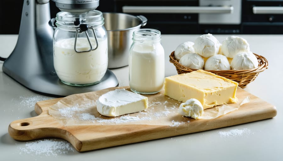 Top-down close-up of homemade cultured butter on parchment, fresh ricotta, a jar of yogurt, and small mozzarella balls on a wooden board, with soft window light and a blurred stand mixer, saucepan, and cheesecloth in the background.