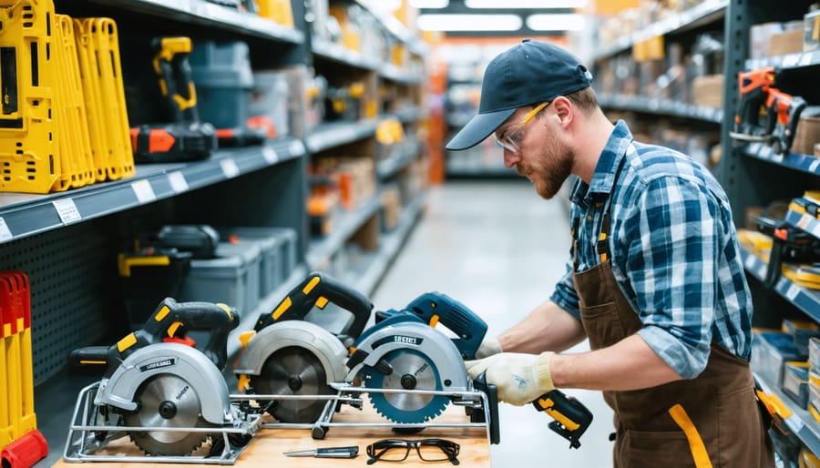 Person in a hardware store aisle lifting a circular saw to assess weight and balance, with two other saws, safety glasses, and a tape measure on a cart; shelves of tools blurred behind.