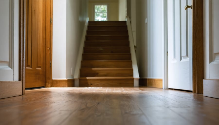 Eye-level view down a modern home hallway with wooden floorboards, highlighting floor seams and a small hairline crack above a white doorframe, lit by soft side daylight with a staircase and living area softly blurred in the background