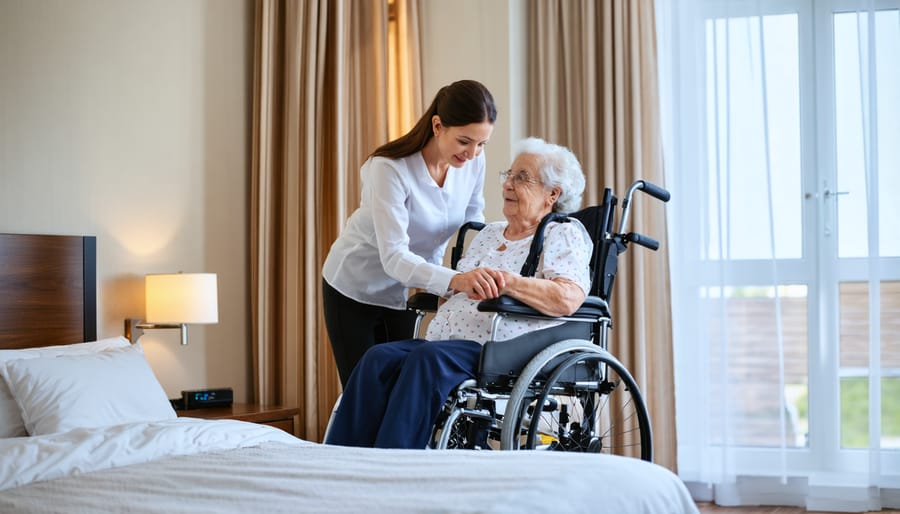 Adult daughter gently lowering her elderly mother in a sling with a Hoyer lift beside a bed, wheelchair nearby, in a softly lit home bedroom.