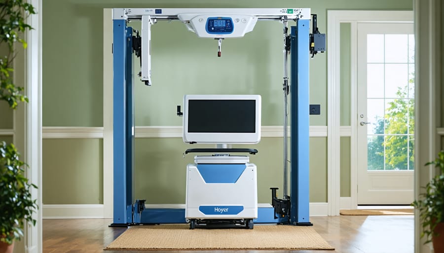 Caregiver standing next to a Hoyer patient lift in a well-lit home bedroom