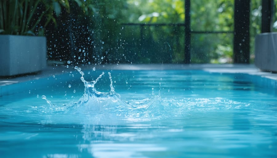 Wall-mounted dehumidifier system in indoor pool room with pool visible below