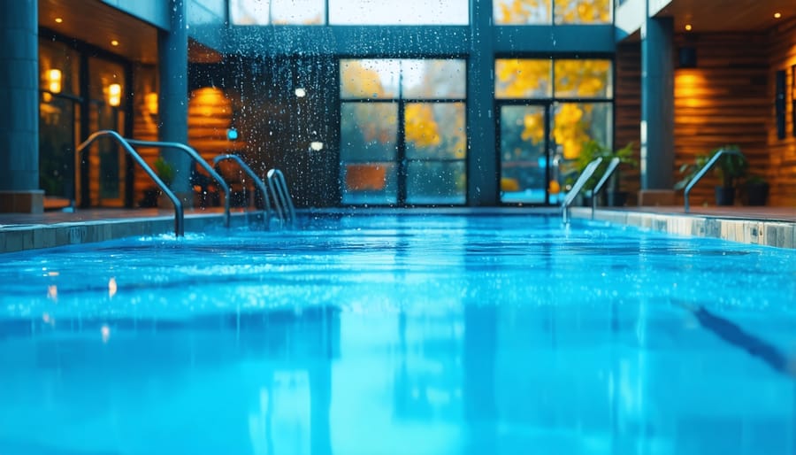 Indoor pool room showing condensation and moisture on windows and glass surfaces