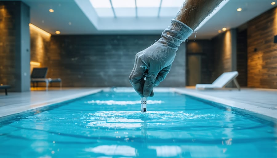 Gloved hand testing water with a strip at the edge of a modern indoor pool, with HVAC vents, ductwork, slightly fogged windows, and a partially rolled pool cover in the softly blurred background.